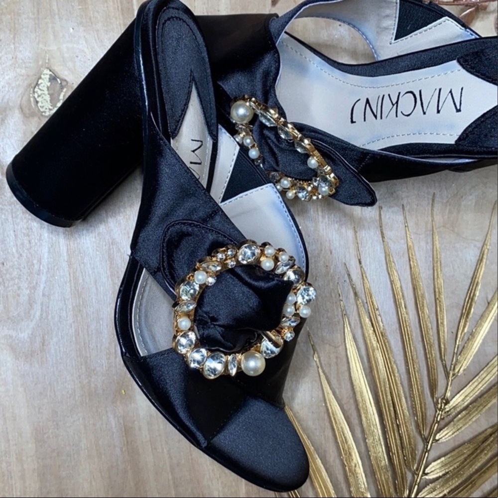 Gorgeous Rhinestone & Black Satin Slip On Heels! - Picture 5 of 7